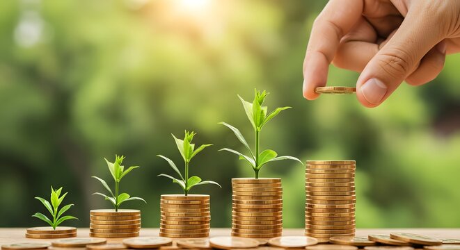 A hand is placing a coin on top of a stack of coins, with several smaller stacks and green plants growing from them in the foreground. The background features a blurred green landscape.