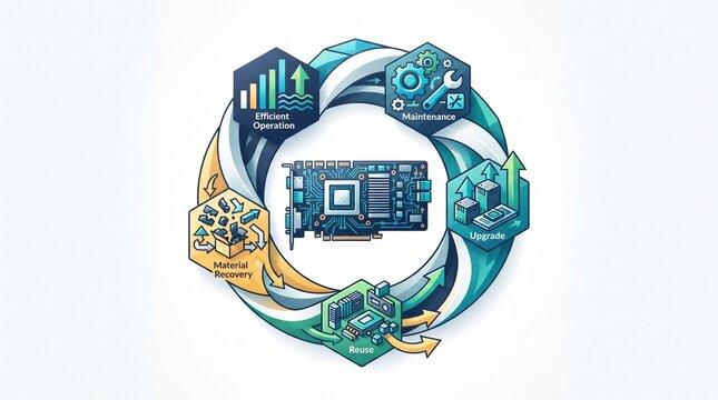 Circular hardware lifecycle infographic, computer motherboard maintenance and upgrade process, electronic waste recovery and reuse cycle