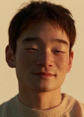 Fototapeta premium Close-up portrait of a young man's face. he is looking directly at the camera with a slight smile on his lips. his eyes are closed and his eyebrows are slightly furrowed.