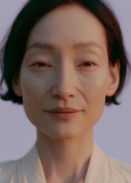 Close-up portrait of a middle-aged asian woman's face. she has short, dark hair that is styled in a bob cut and falls over her shoulders. her eyes are closed and her expression is peaceful and serene.