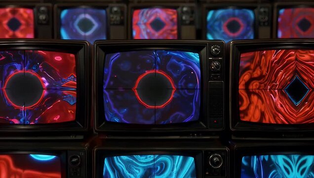 An arrangement of vintage cathode-ray tube televisions displaying abstract static patterns creating a mesmerizing blend of 80s nostalgia and visual art