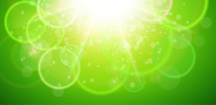 Abstract lime green spring background with glowing light rays, bright green background with sun and bokeh lens flare, vector illustration.