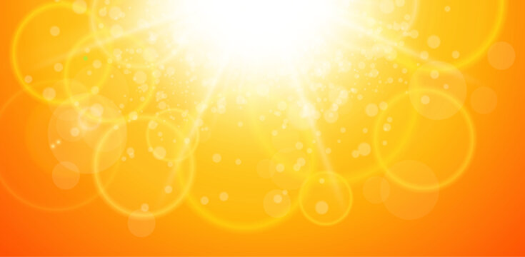 Orange sun background with glowing light rays, bright hot weather background with sunburst and bokeh lens flare, vector illustration.