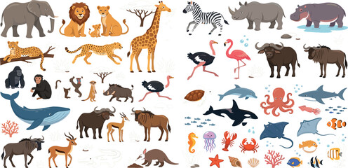 Obraz premium Large collection of wild safari and sea animals vector set isolated on white backgroundLarge collection of wild safari and sea animals vector set isolated on white background