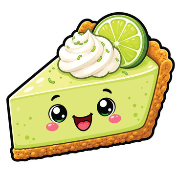 Adorable lime green key lime pie slice topped with whipped cream and lime, cute dessert cartoon illustration with a playful face