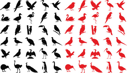 Naklejka premium Collection of various bird silhouettes and red bird icons set on a white background