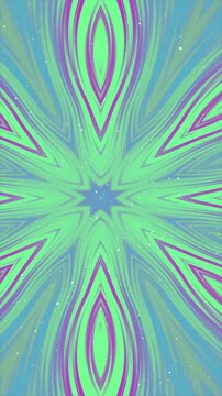 Abstract digital background with symmetrical green and purple flowing lines.