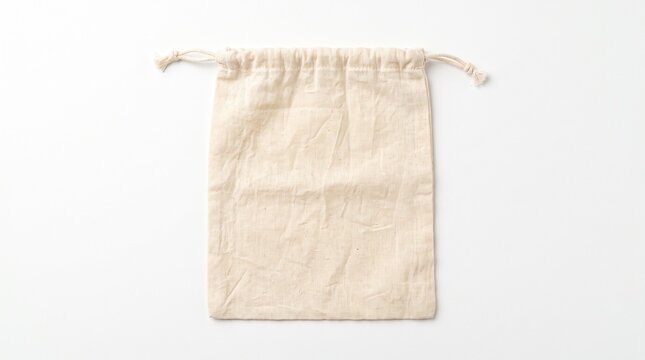 A simple beige drawstring bag, perfect for storage or gifting. The bag is made of natural fabric and features a subtle texture