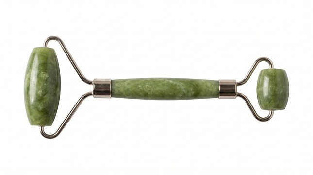 A jade facial roller with a natural green stone and metal accents