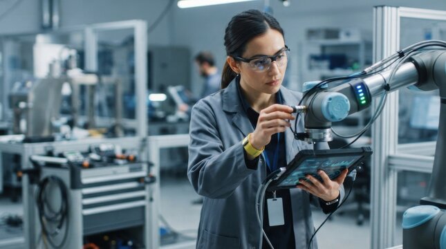 Robotics engineer using a tablet to inspect a robot arm with sensors, cables, and status lights in a modern automation lab