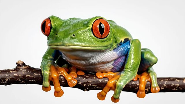 Green tree frog with vibrant red eyes perched on a branch, close up nature footage