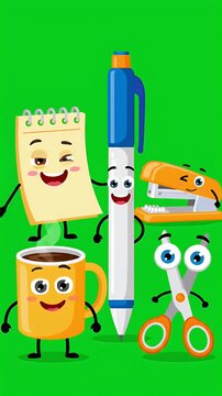 Animated stationery characters, a pen, notepad, stapler, scissors and coffee cup, isolated and dancing, fun office supplies, happy characters