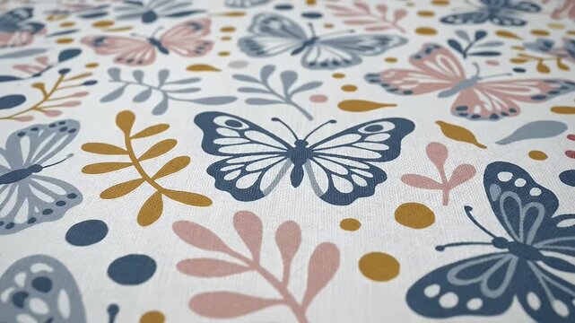 Seamless butterfly and floral pattern motion graphic, delicate pastel butterflies and leaves on white background, perfect for fabric or wallpaper design