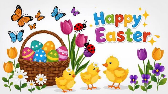 Happy Easter animation with colorful decorated eggs in a basket, tulips, chicks and butterflies, spring celebration