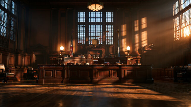 Empty Historic Courtroom Interior with Dramatic Sunlight
