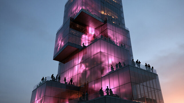 Modern Glass Skyscraper Observation Deck Illuminated at Dusk