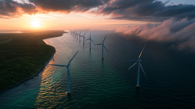 Offshore Wind Turbines Generating Renewable Energy at Sunset