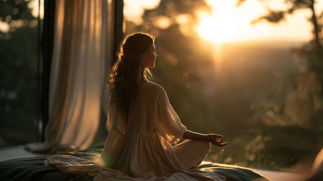 Woman Meditating at Sunset During Wellness Retreat