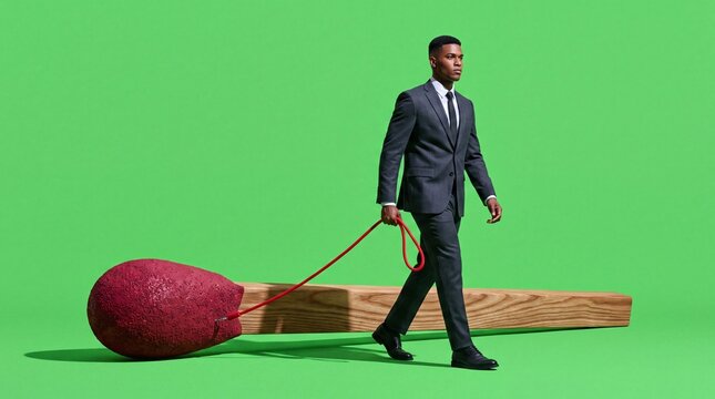 Businessman Pulling Giant Matchstick Against Green Background
