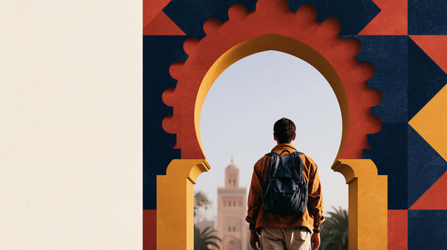 Male Traveler Looking Through Traditional Moorish Arch in Morocco