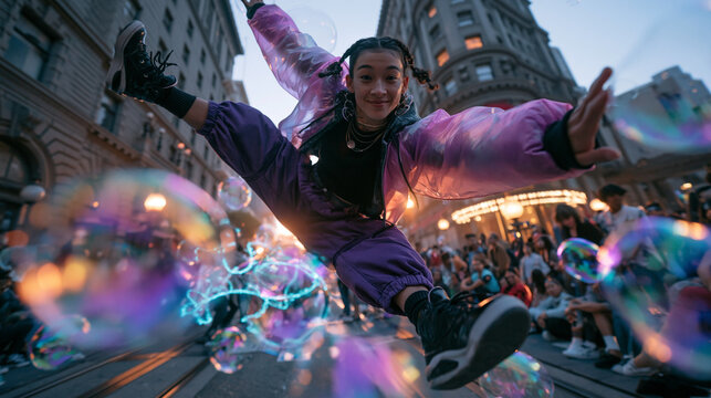 Dynamic Young Woman Performing Street Dance Jump in City