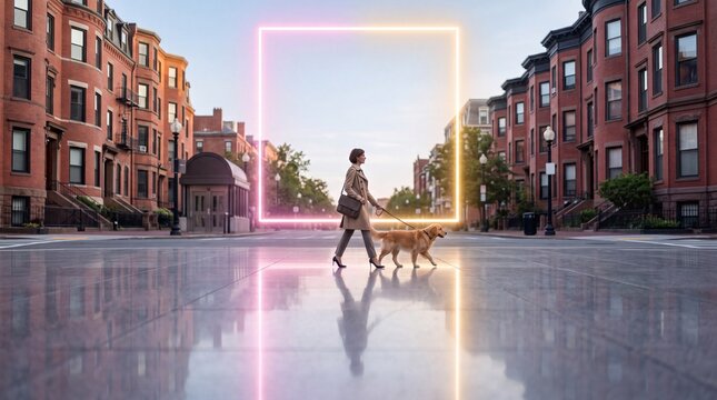 Woman Walking Dog Past Glowing Neon Frame on City Street