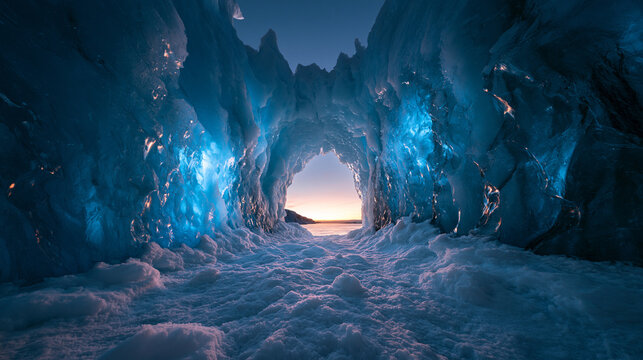 Glowing Blue Ice Cave Looking Out to Horizon at Sunset