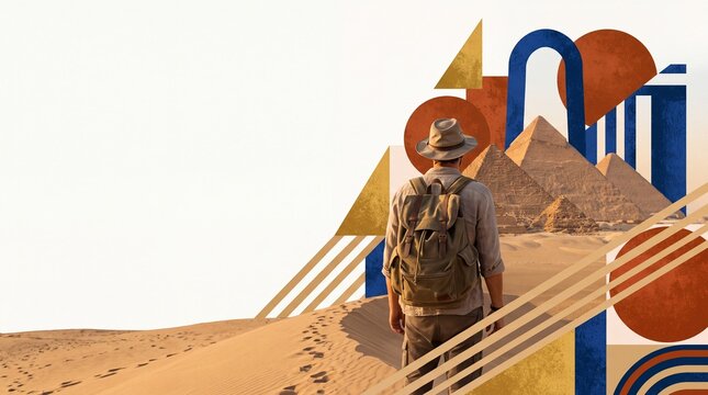 Backpacker Walking in Desert Towards Pyramids Collage Art