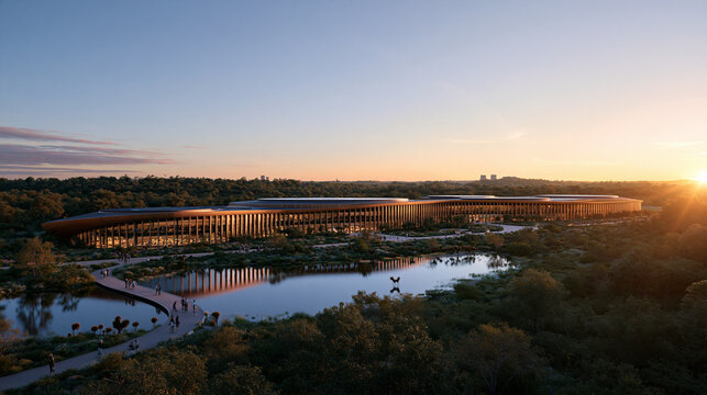 Modern Sustainable Architecture Complex in Natural Landscape at Sunset