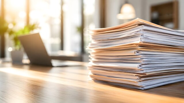 Massive stack of paperwork and documents on a wooden office desk with a blurred laptop background, depicting administrative workload and corporate bureaucracy