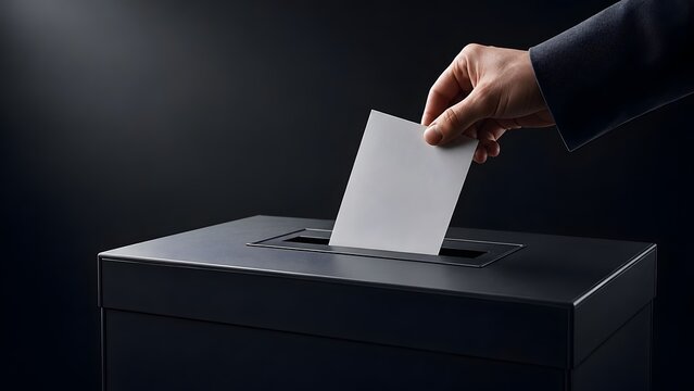 Hand inserting a blank white ballot paper into a dark ballot box conceptualizing democratic voting, election process, and political decision making