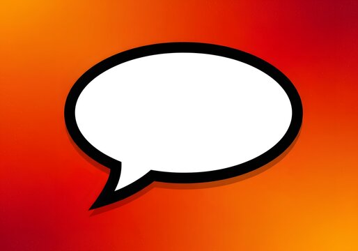 A speech bubble with a thick black outline sits against a vibrant orange and red gradient background.
