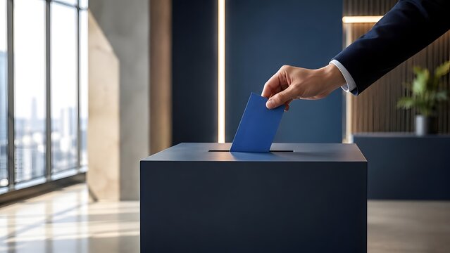 Corporate executive hand in a suit dropping a blue ballot into a voting box in a modern office, representing shareholder elections and business decisions