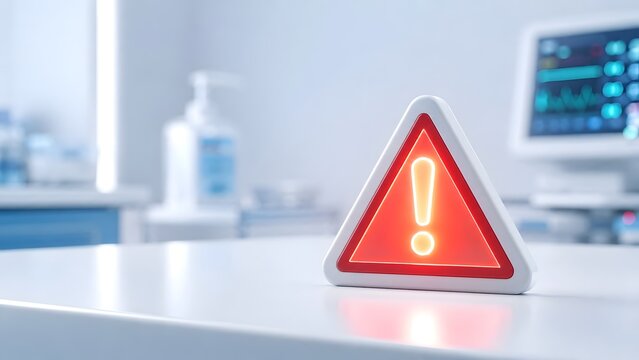 Glowing red warning triangle sign on a table in a modern hospital room, conceptualizing medical alerts, healthcare emergencies, and clinical risks