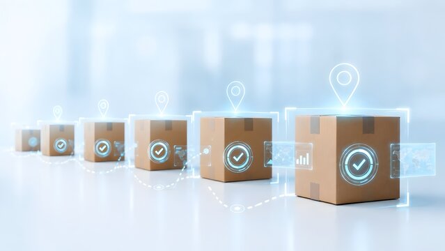 Smart logistics and digital delivery tracking concept featuring cardboard boxes with glowing holographic checkmarks and location pins in a modern warehouse