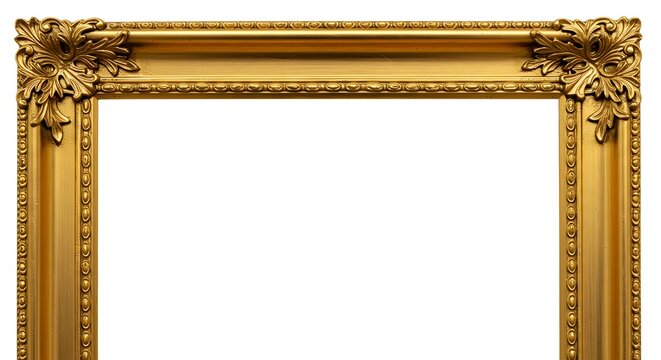 Ornate golden picture frame, intricate floral carvings, smooth surface, plain white background, rich gold color, detailed craftsmanship, symmetrical composition.