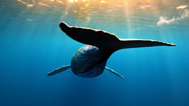 Majestic Humpback Whale Swims Gracefully Underwater with Sun Rays