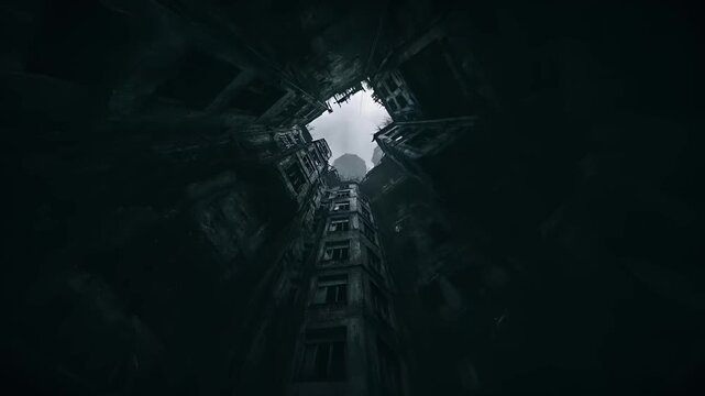 Paris, France, Europe. A dark, atmospheric portrayal of a dilapidated, abandoned building. The buildings facade is a mix of weathered and worn, with broken windows and crumbling walls.