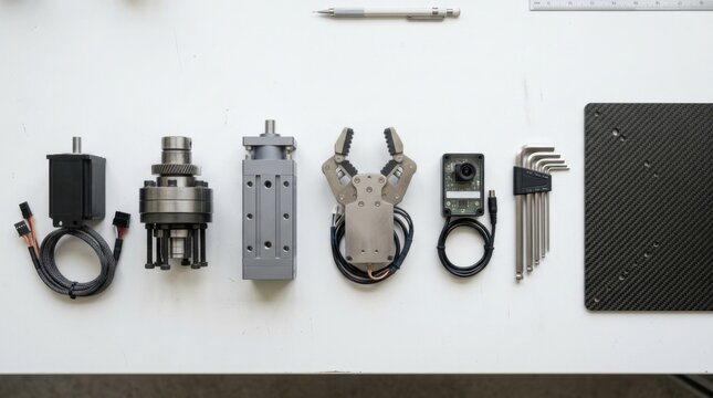 Robotics components neatly arranged for production planning, including servo motor, harmonic drive, actuator housing, gripper, sensor module, and carbon fiber panel