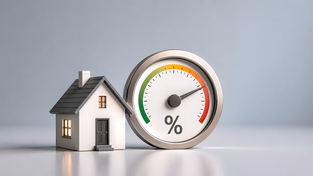Miniature house model next to a high percentage gauge indicating rising mortgage interest rates and expensive real estate property market