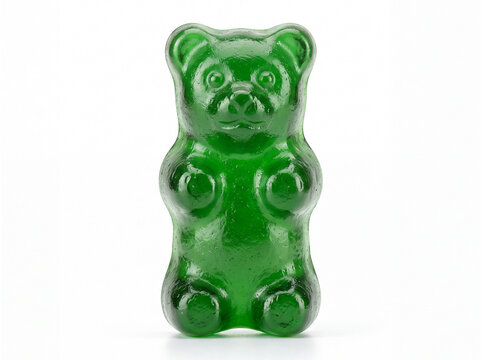 Glossy green gummy bear candy isolated on white background with translucent gelatin texture, ideal for sweets, snacks and confectionery concepts.