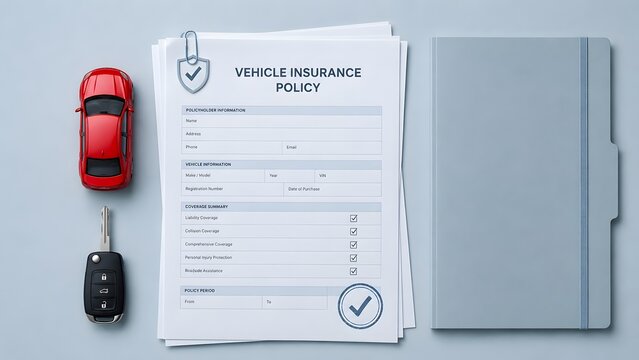 Vehicle insurance policy document flat lay with a red toy car and car keys on a blue desk background symbolizing auto protection and coverage