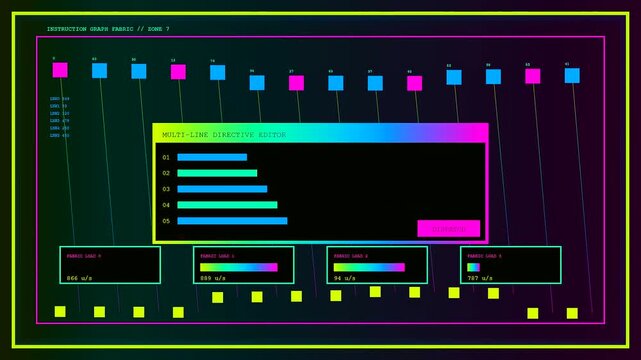 A digital prompt interface panel cycles through data flow metrics as neon geometric patterns shift across a dark computer screen monitoring various system signal inputs