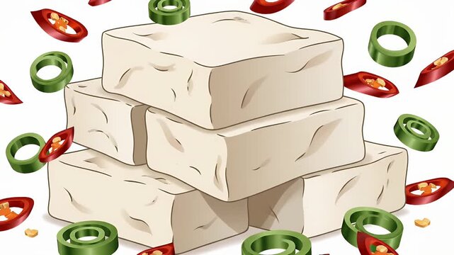 Stack of tofu blocks surrounded by falling chili pepper slices and jalape?o rings, fresh ingredients for Asian cuisine