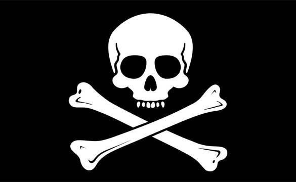 Jolly Roger pirate flag icon, skull with bones isolated on black, vector illustration.