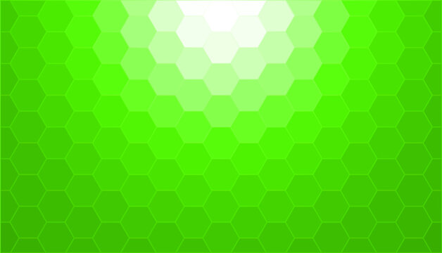 Green hexagon pattern with radial sunburst effect, honeycomb sunny mosaic vector texture.