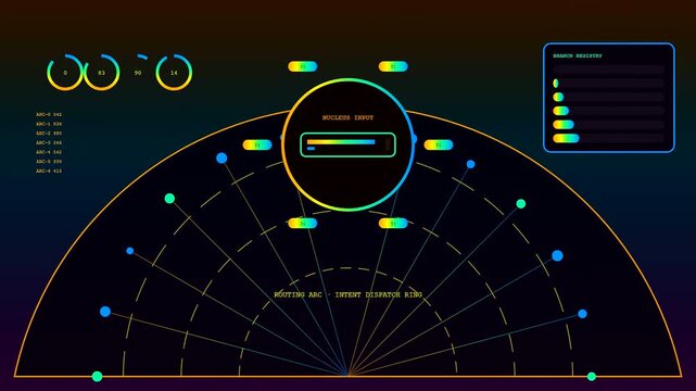A glowing prompt interface displays complex data streams across three changing circular radar screens filled with vibrant neon bars and lines indicating systematic digital information processing