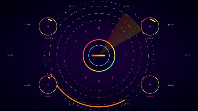 Three glowing circular prompt interface displays feature digital tracking rings and numeric data points shifting across a dark screen captured in a continuous fluid motion
