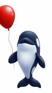 Cute baby orca whale holding a red balloon, marine mammal, underwater, isolated on white, playful character