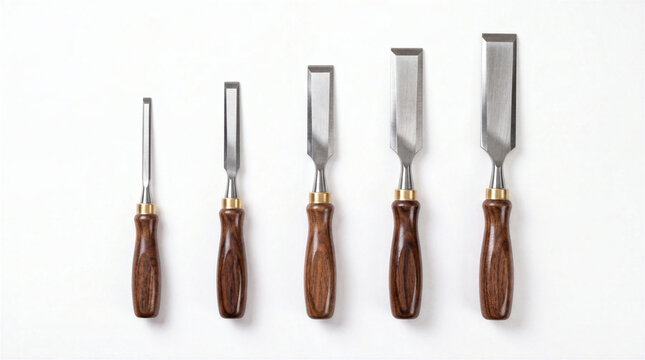 Set of five professional wood chisels isolated on white background